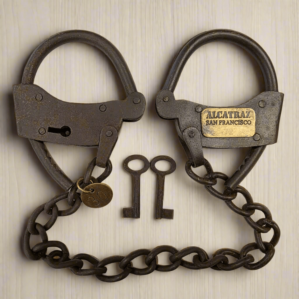 Alcatraz Prison San Francisco Iron Adjustable Handcuffs With Chain Serial Tag And Antique Finish (23" Long) - Jones Peak