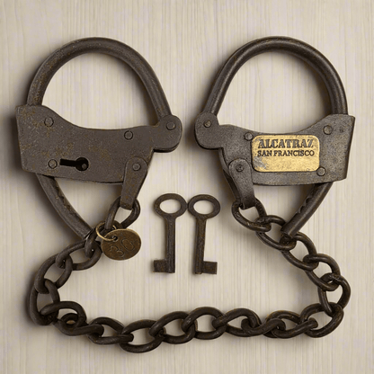 Alcatraz Prison San Francisco Iron Adjustable Handcuffs With Chain Serial Tag And Antique Finish (23" Long) - Jones Peak