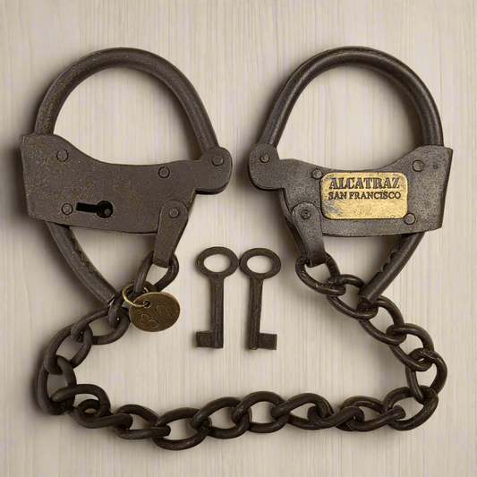 Alcatraz Prison San Francisco Iron Adjustable Handcuffs With Chain Serial Tag And Antique Finish (23" Long) - Jones Peak