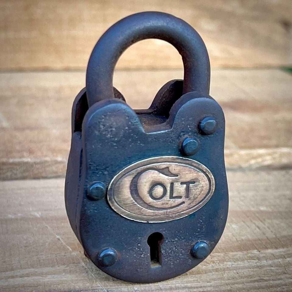 Colt Cast Iron Gate Lock With Brass Tag Keys & Antique Vintage Finish (2.5" x 1.5") - Jones Peak