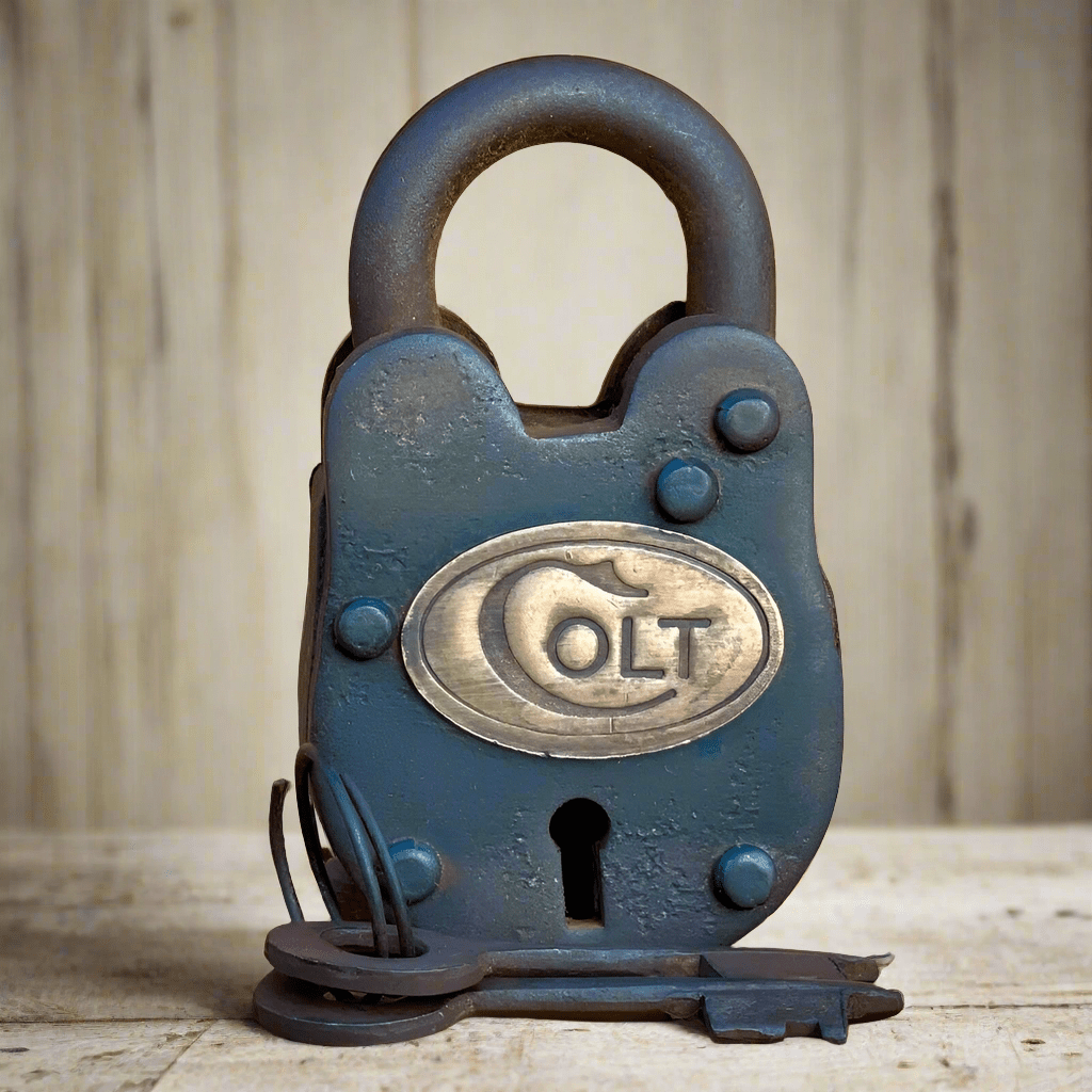 Colt Cast Iron Gate Lock With Brass Tag Keys & Antique Vintage Finish (2.5" x 1.5") - Jones Peak