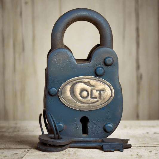 Colt Cast Iron Gate Lock With Brass Tag Keys & Antique Vintage Finish (2.5" x 1.5") - Jones Peak