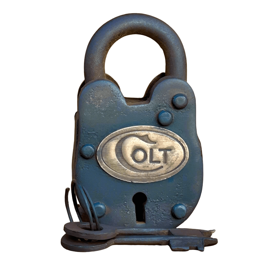 Colt Cast Iron Gate Lock With Brass Tag Keys & Antique Vintage Finish (2.5" x 1.5") - Jones Peak