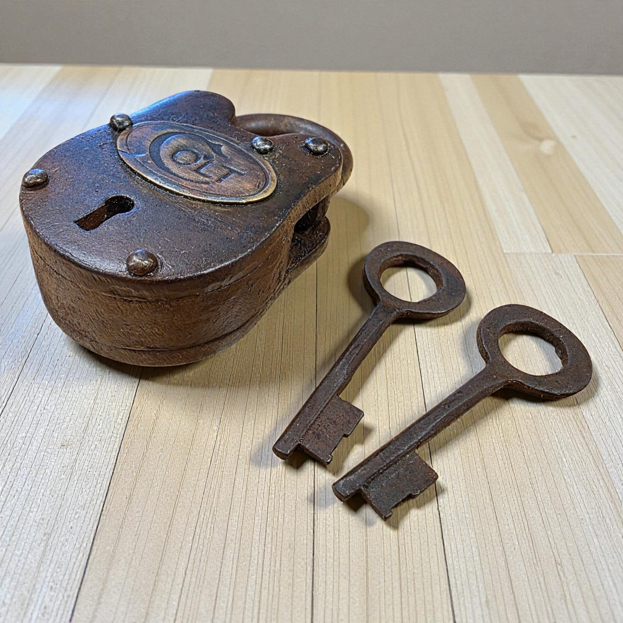 Colt Cast Iron Gate Lock With Brass Tag Keys & Antique Vintage Finish (2.5" x 1.5") - Jones Peak