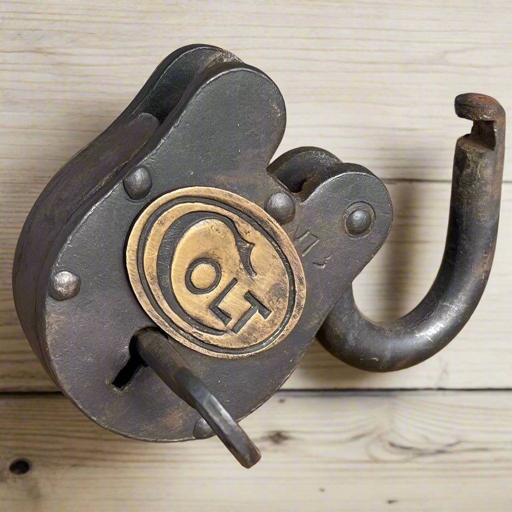 Colt Gun Cabinet Cast Iron Lock and Keys With Antique Finish (4" x 2") - Jones Peak