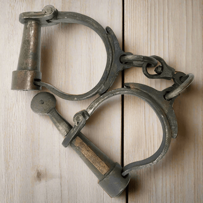 Folsom Prison California Cast Iron Handcuffs With Brass Tag & Antique Finish (12.5" Long) - Jones Peak