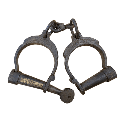 Folsom Prison California Cast Iron Handcuffs With Brass Tag & Antique Finish (12.5" Long) - Jones Peak
