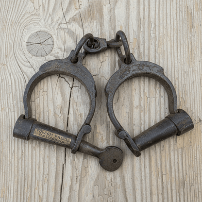 Folsom Prison California Cast Iron Handcuffs With Brass Tag & Antique Finish (12.5" Long) - Jones Peak