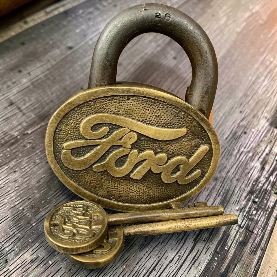 Ford Logo Cast Iron Lock With Raised Lettering Antique Finish (3.5" x 3") - Jones Peak