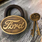 Ford Logo Cast Iron Lock With Raised Lettering Antique Finish (3.5" x 3") - Jones Peak