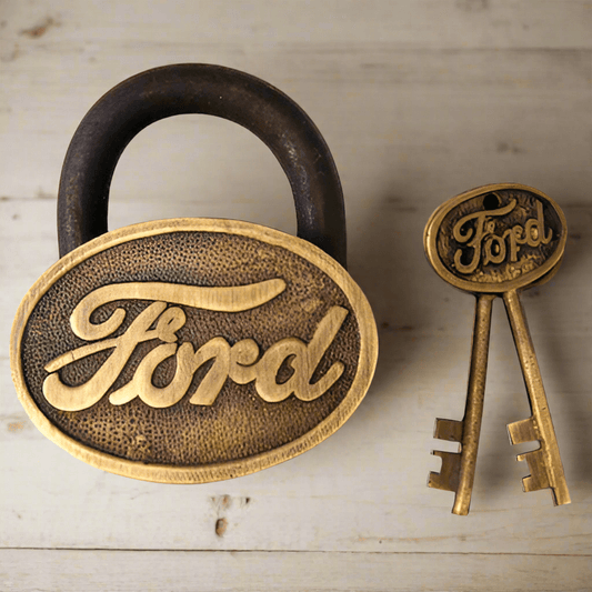 Ford Logo Cast Iron Lock With Raised Lettering Antique Finish (3.5" x 3") - Jones Peak