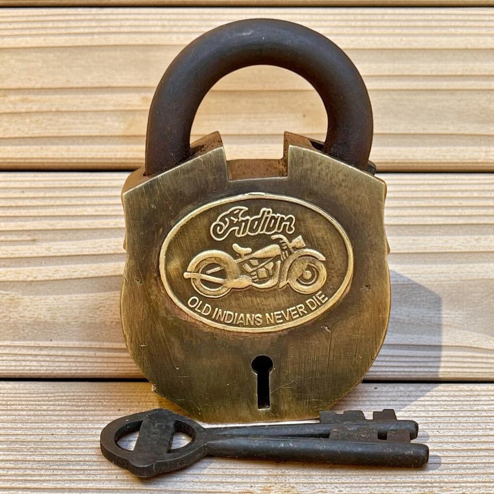 Indian Motorcycles Solid Brass Working Lock With Keys and Antique Finish (3.25" x 2.25") - Jones Peak
