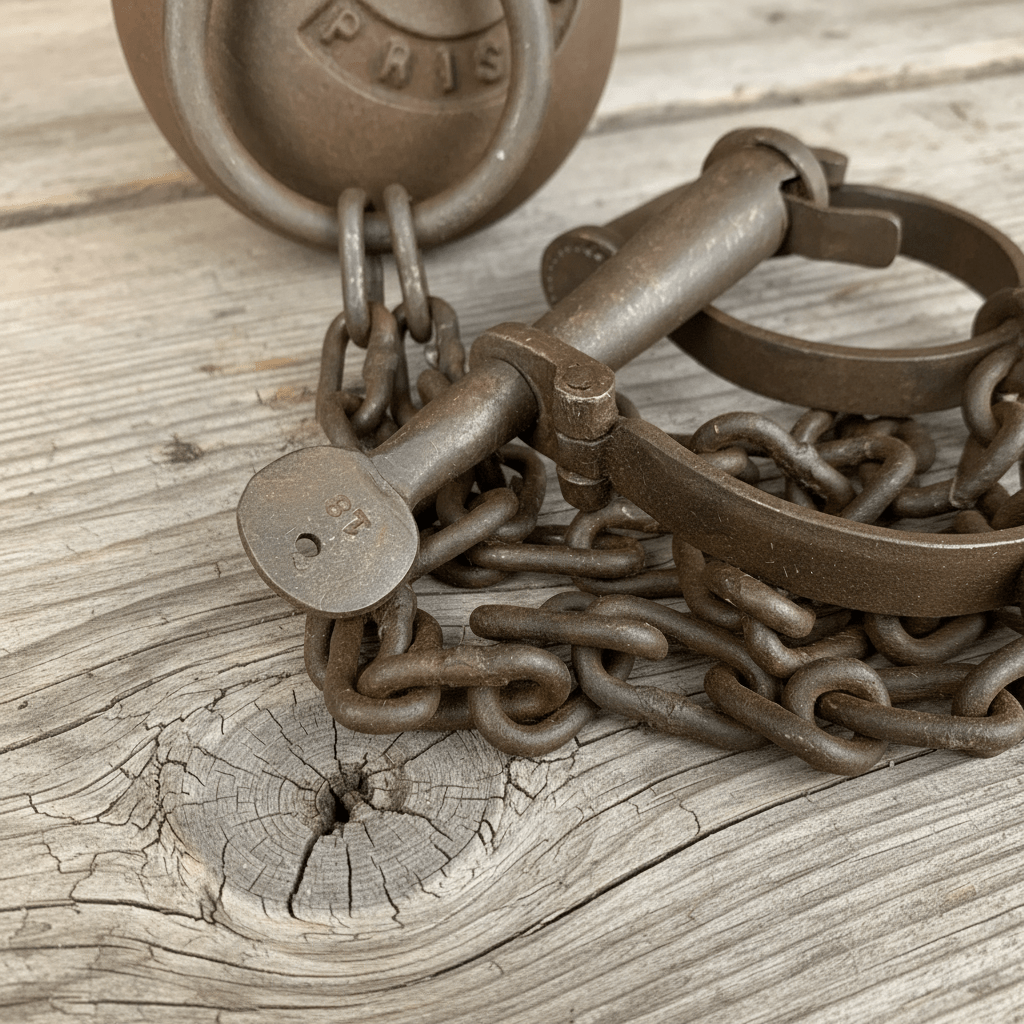 Leavenworth Prison Cast Iron Working Ball & Chain Leg Irons With Antique Finish (28" Long) - Jones Peak