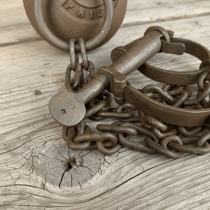 Leavenworth Prison Cast Iron Working Ball & Chain Leg Irons With Antique Finish (28" Long) - Jones Peak