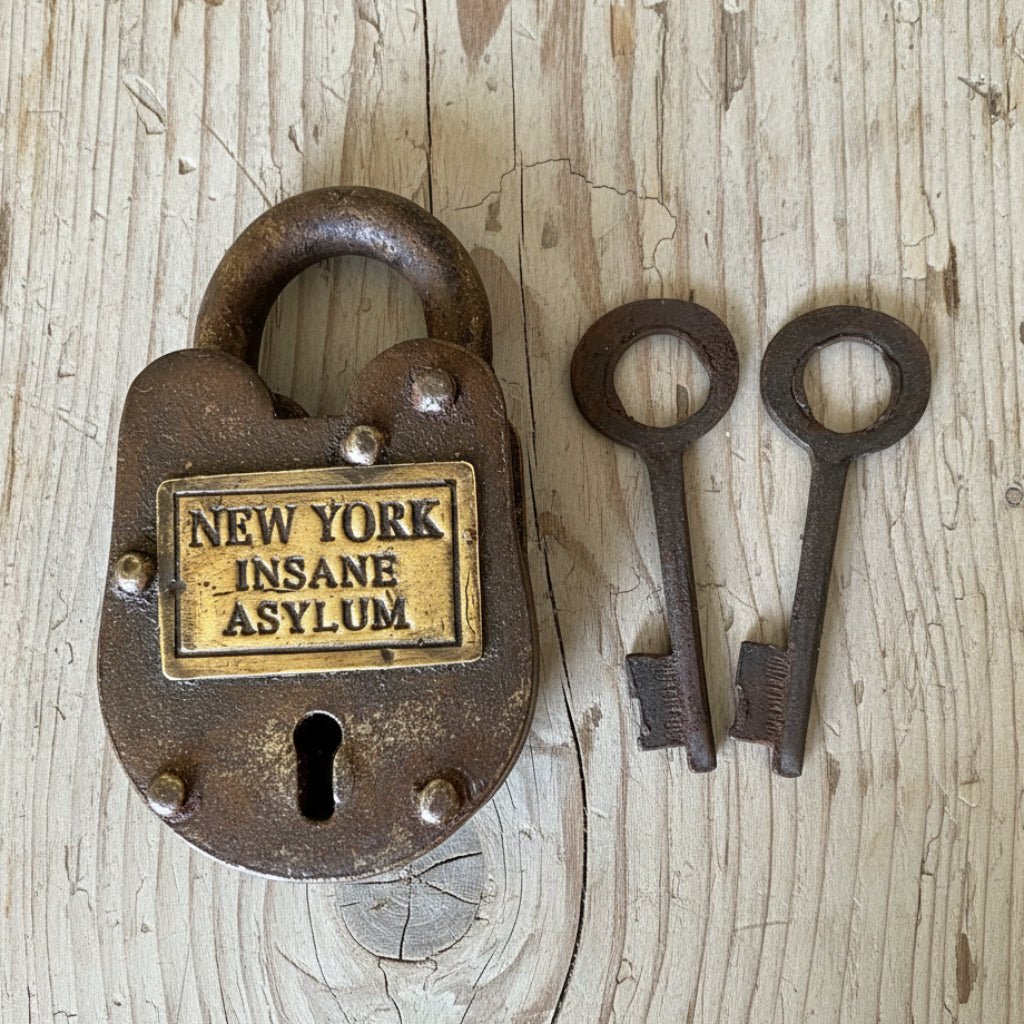 New York Insane Asylum Cast Iron Gate Lock With Brass Tag & Keys (2.5" x 1.5") - Jones Peak