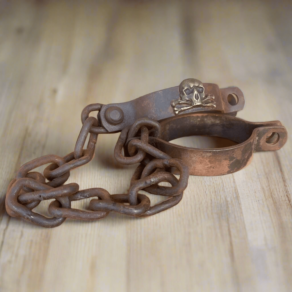 Pirate Handcuffs Cast Iron Brass Skull & Crossbones Tag With Antique Finish (27" Long) - Jones Peak