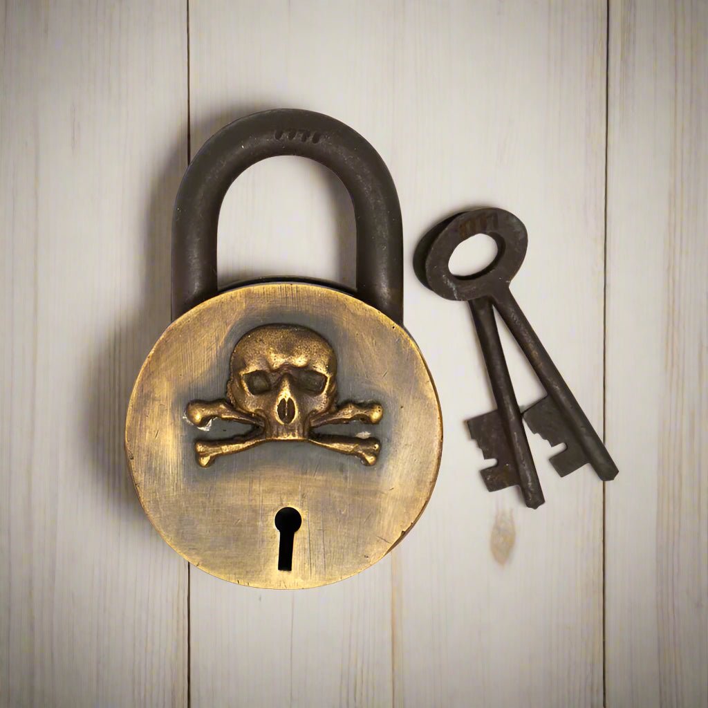 Pirate Solid Brass Lock With Raised Skull & Crossbones Antique Finish (3.5" x 2.75") - Jones Peak