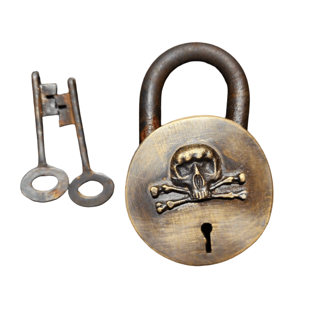 Pirate Solid Brass Lock With Raised Skull & Crossbones Antique Finish (3.5" x 2.75") - Jones Peak