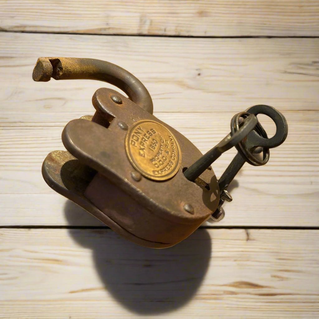 Pony Express 1860 Cast Iron Lock With Brass Tag & 2 Keys (3.75" x 2.25") - Jones Peak