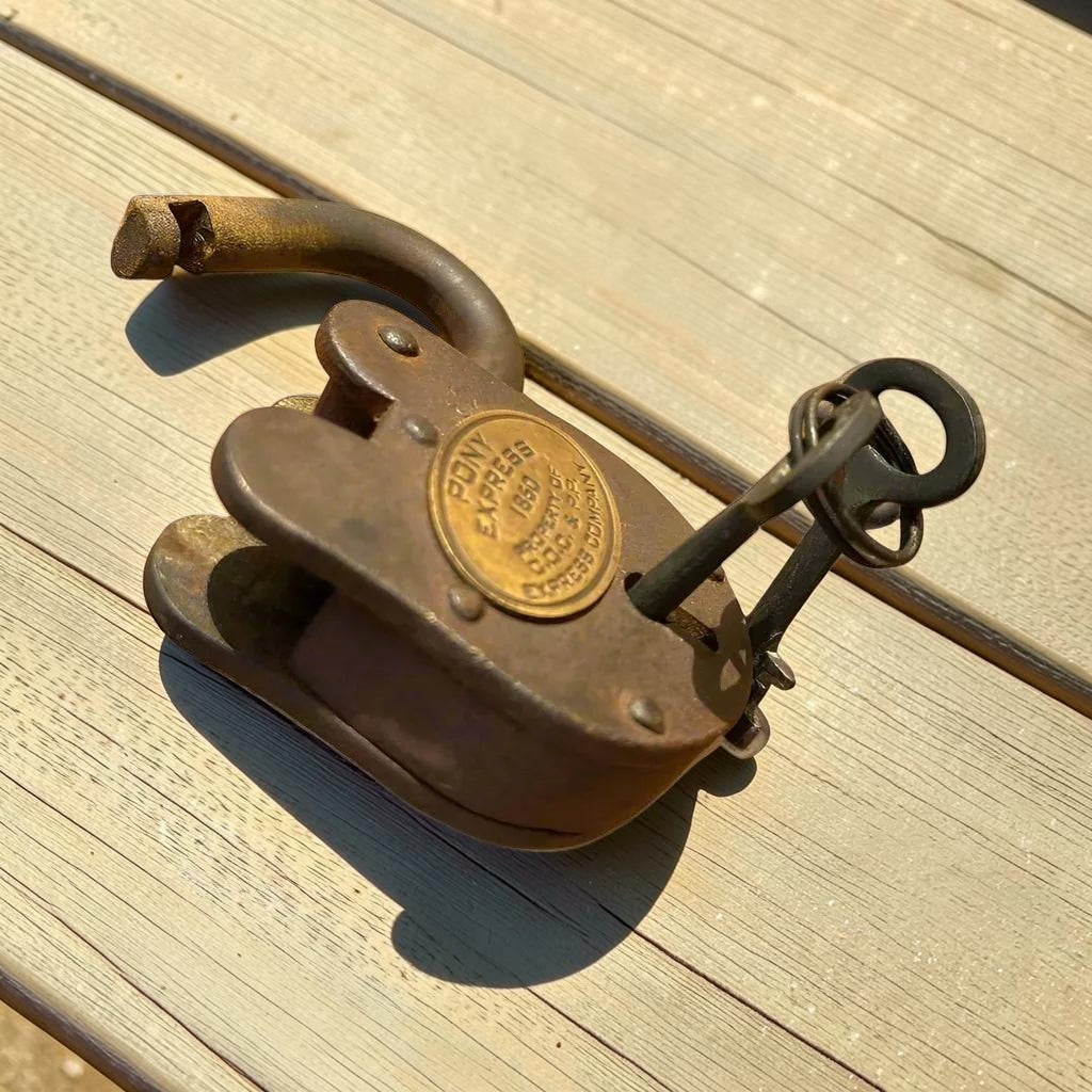 Pony Express 1860 Cast Iron Lock With Brass Tag & 2 Keys (3.75" x 2.25") - Jones Peak