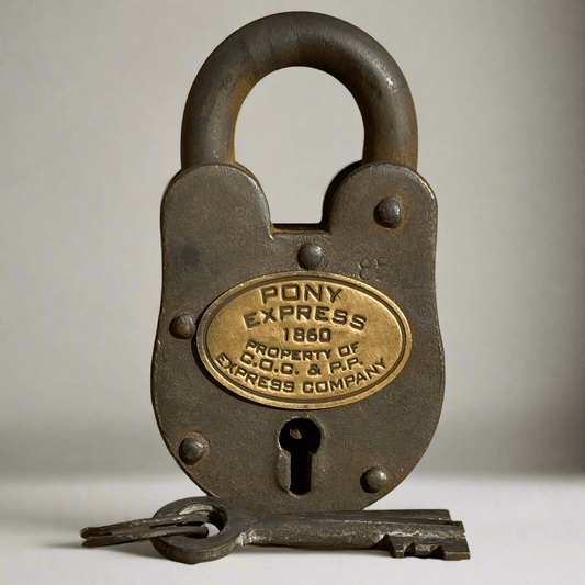 Pony Express 1860 Cast Iron Lock With Brass Tag & 2 Keys (3.75" x 2.25") - Jones Peak
