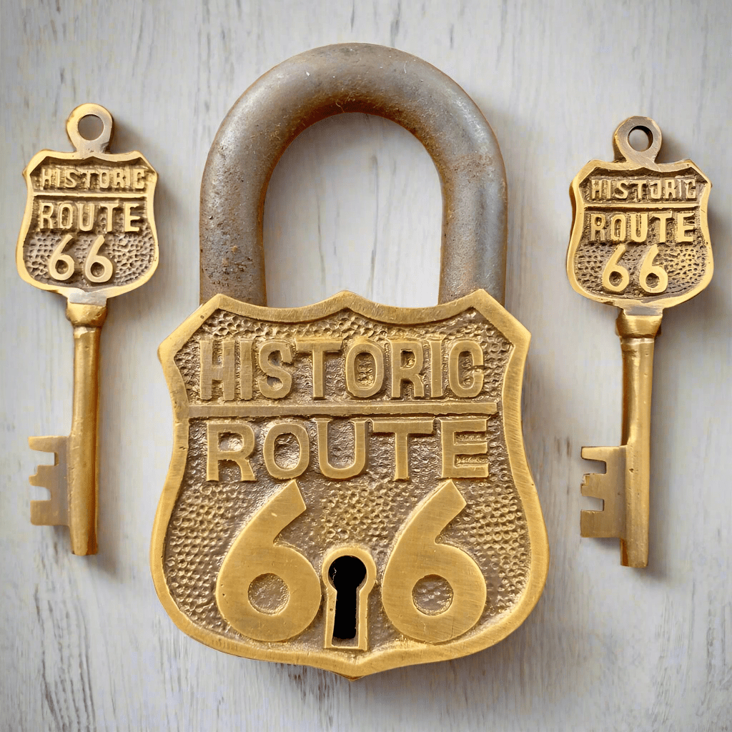 Route 66 Solid Brass Lock & Keys With Embossed Lettering (3.5" x 2.25") - Jones Peak