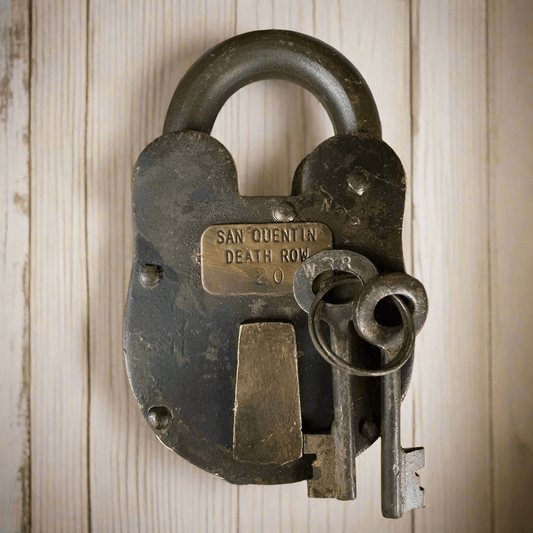 San Quentin Death Row Cast Iron Lock With Brass Tag & Antique Finish (3" x 5") - Jones Peak