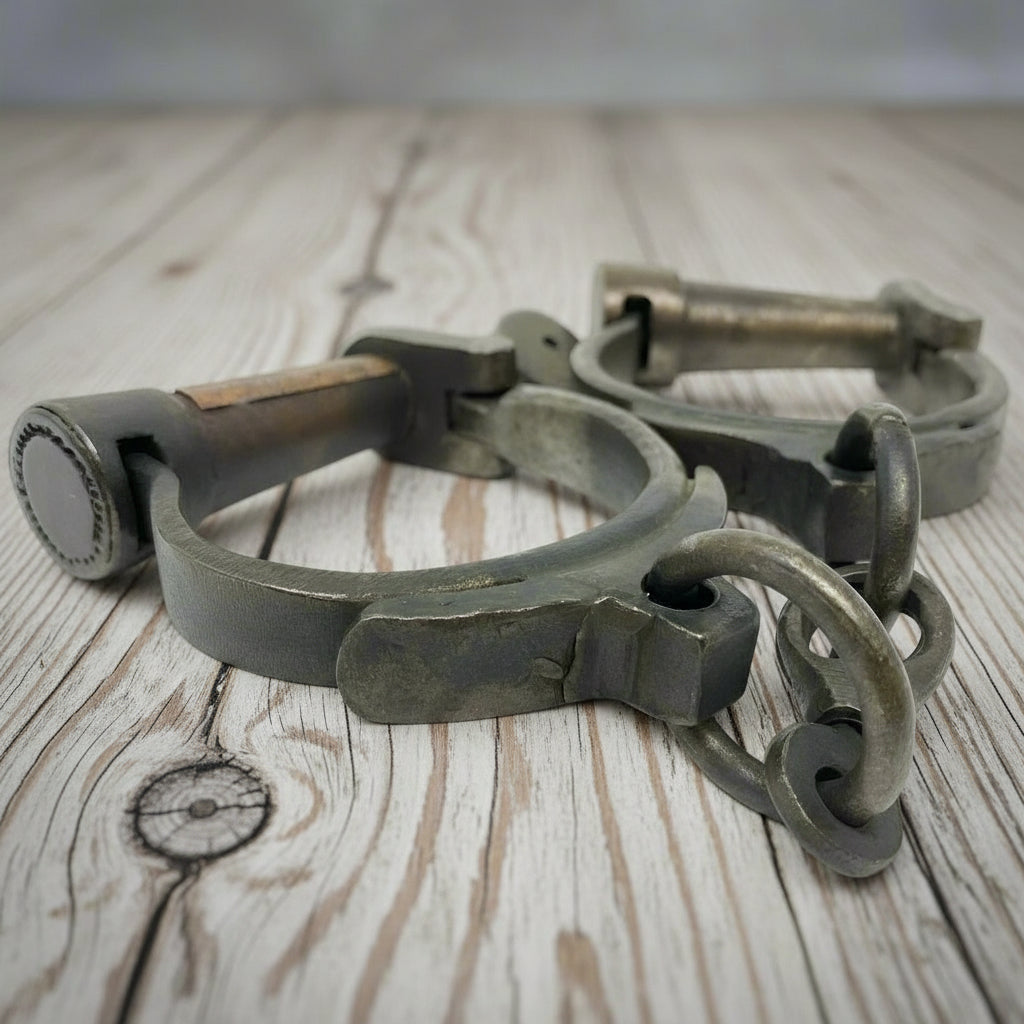 Folsom Prison California Cast Iron Handcuffs With Brass Tag & Antique Finish (12.5" Long) - Jones Peak