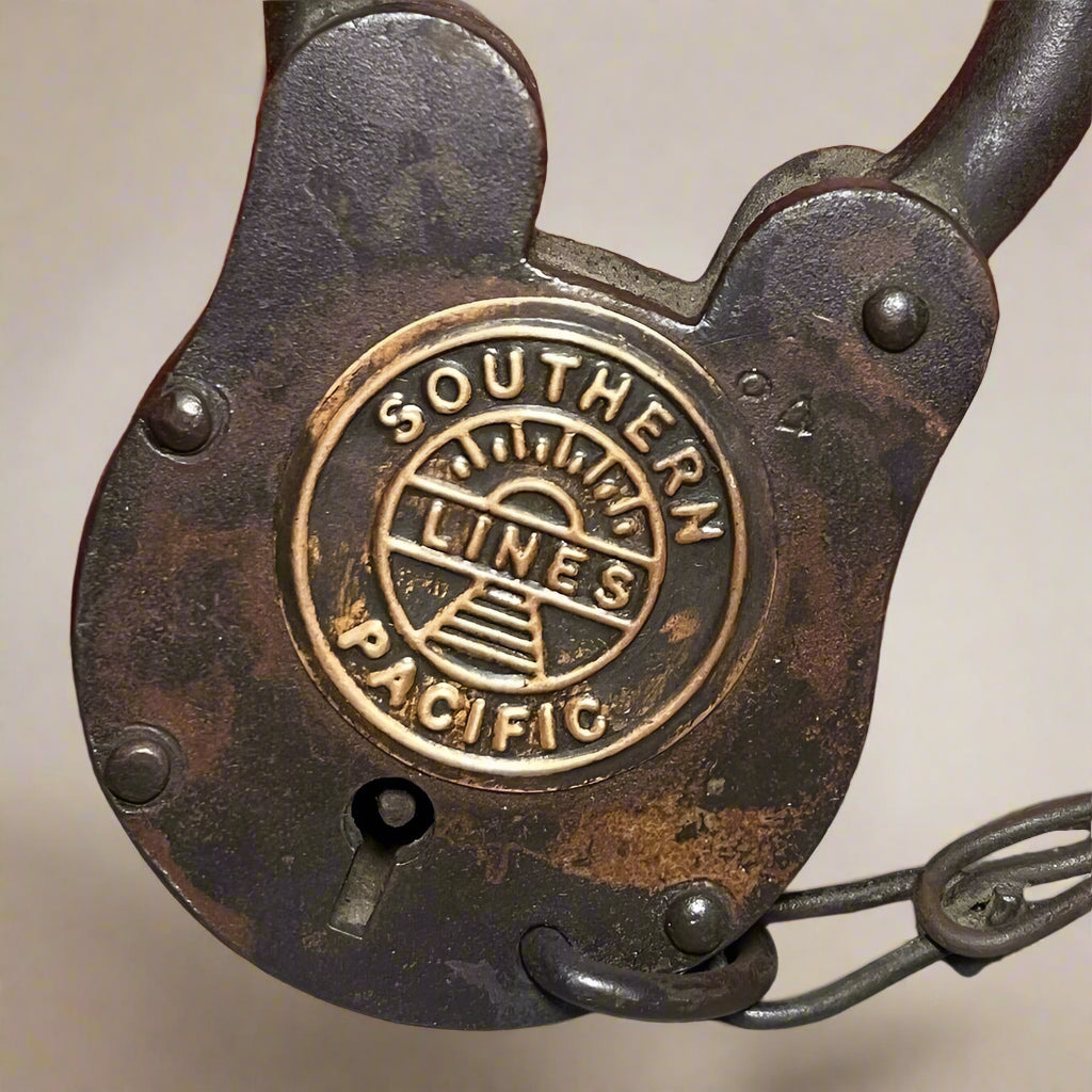 Southern Pacific Railroad Cast Iron Lock With Chain & Brass Tag (5" x 3.5") - Jones Peak