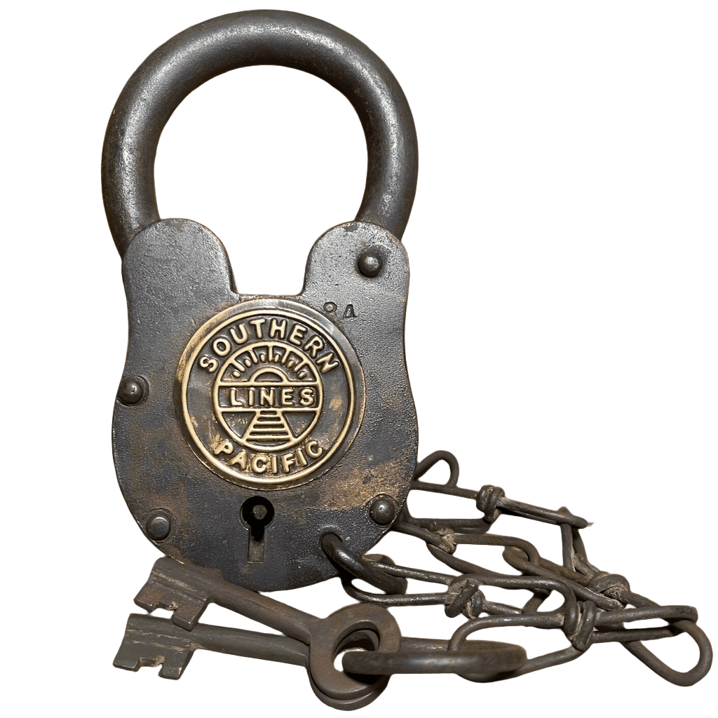 Southern Pacific Railroad Cast Iron Lock With Chain & Brass Tag (5" x 3.5") - Jones Peak