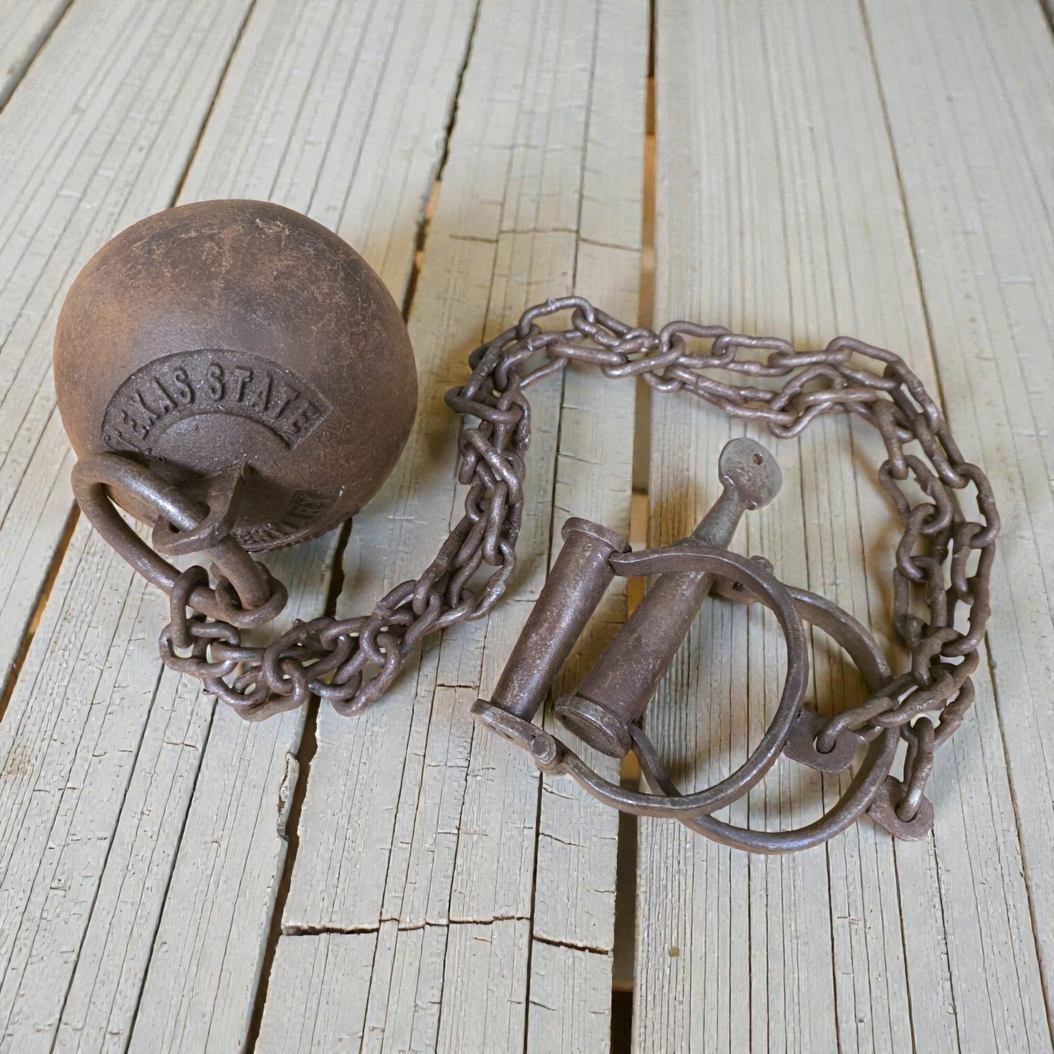 Texas State Penitentiary Cast Iron Working Ball & Chain Leg Irons With Antique Finish (28" Long) - Jones Peak
