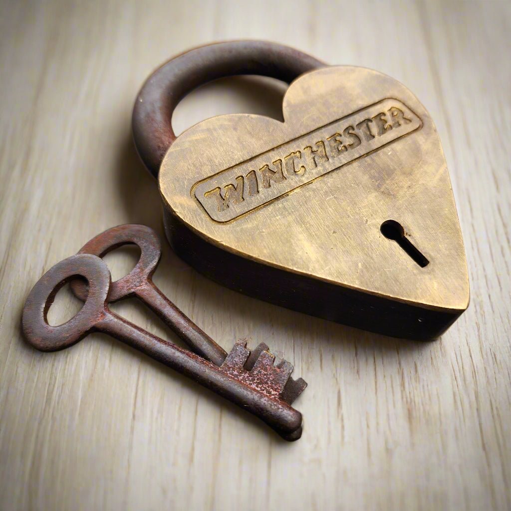 Winchester Heart Solid Brass Lock & Keys With Antique Finish (4.5" x 3") - Jones Peak