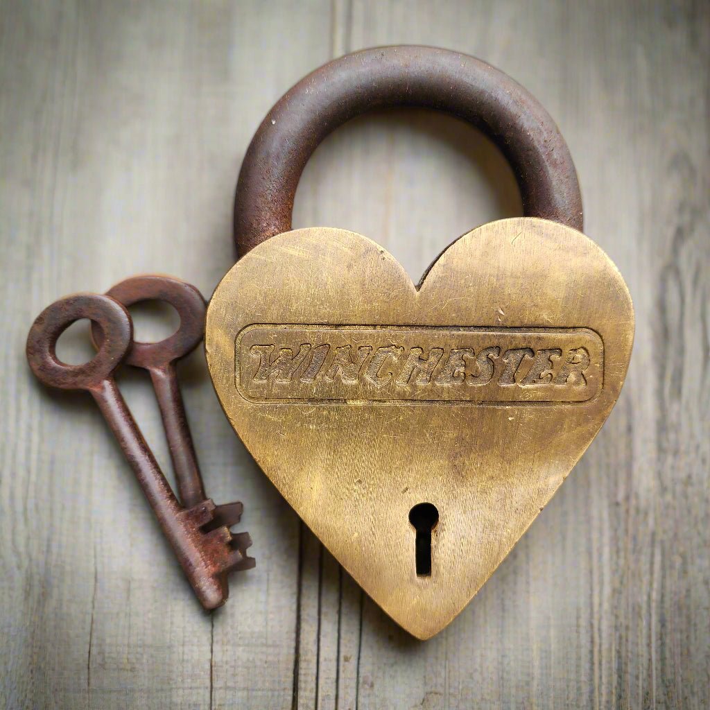 Winchester Heart Solid Brass Lock & Keys With Antique Finish (4.5" x 3") - Jones Peak