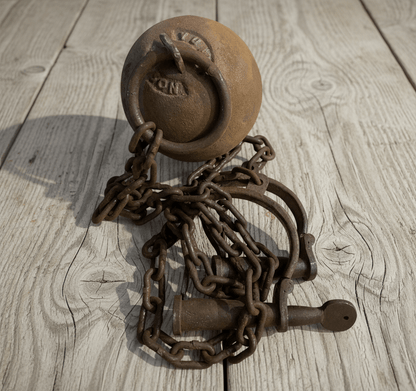 Yuma Prison Cast Iron Working Ball & Chain Leg Irons With Antique Finish (28" Long) - Jones Peak