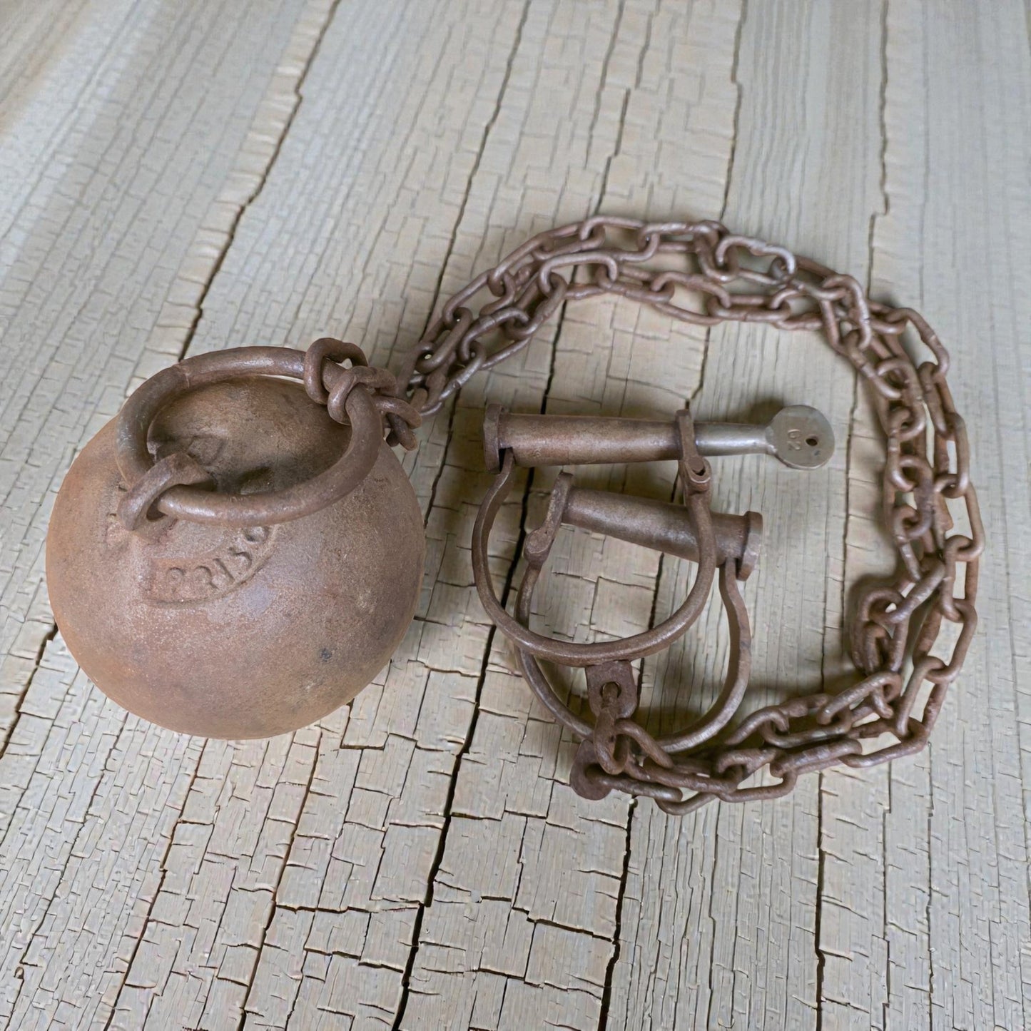 Yuma Prison Cast Iron Working Ball & Chain Leg Irons With Antique Finish (28" Long) - Jones Peak