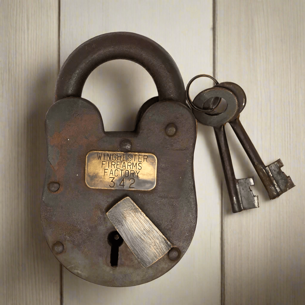 Winchester Firearms Factory Cast Iron Lock & Keys With Antique Finish (3" x 5") - Jones Peak