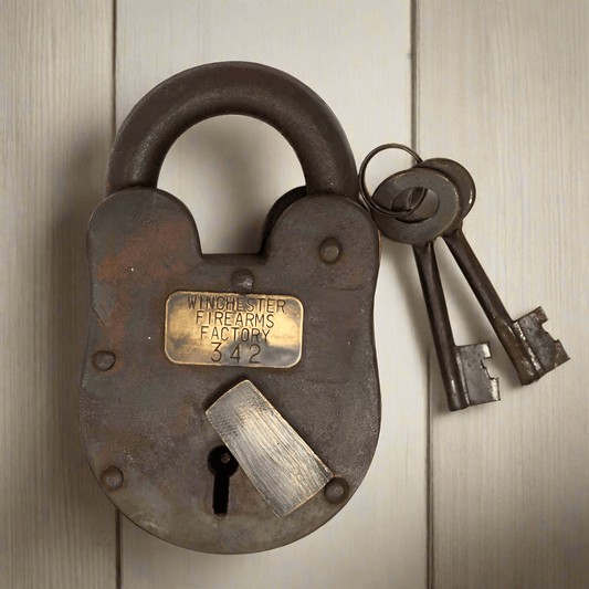 Winchester Firearms Factory Cast Iron Lock & Keys With Antique Finish (3" x 5") - Jones Peak