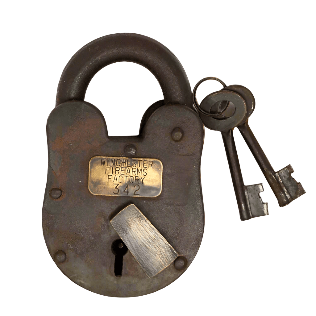 Winchester Firearms Factory Cast Iron Lock & Keys With Antique Finish (3" x 5") - Jones Peak