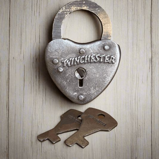 Winchester Heart Lock With Raised Lettering & Antique Finish (2.25" x 1.5") - Jones Peak