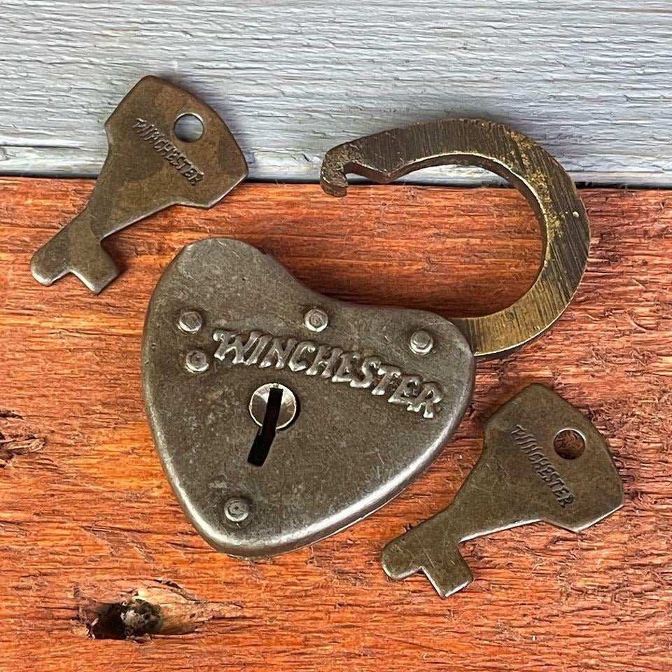 Winchester Heart Lock With Raised Lettering & Antique Finish (2.25" x 1.5") - Jones Peak