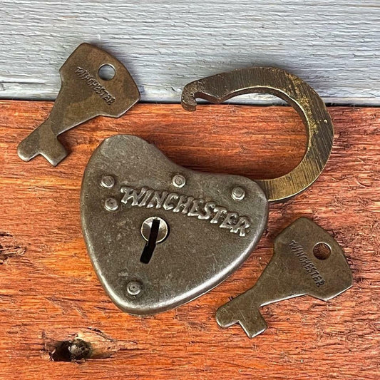 Winchester Heart Lock With Raised Lettering & Antique Finish (2.25" x 1.5") - Jones Peak