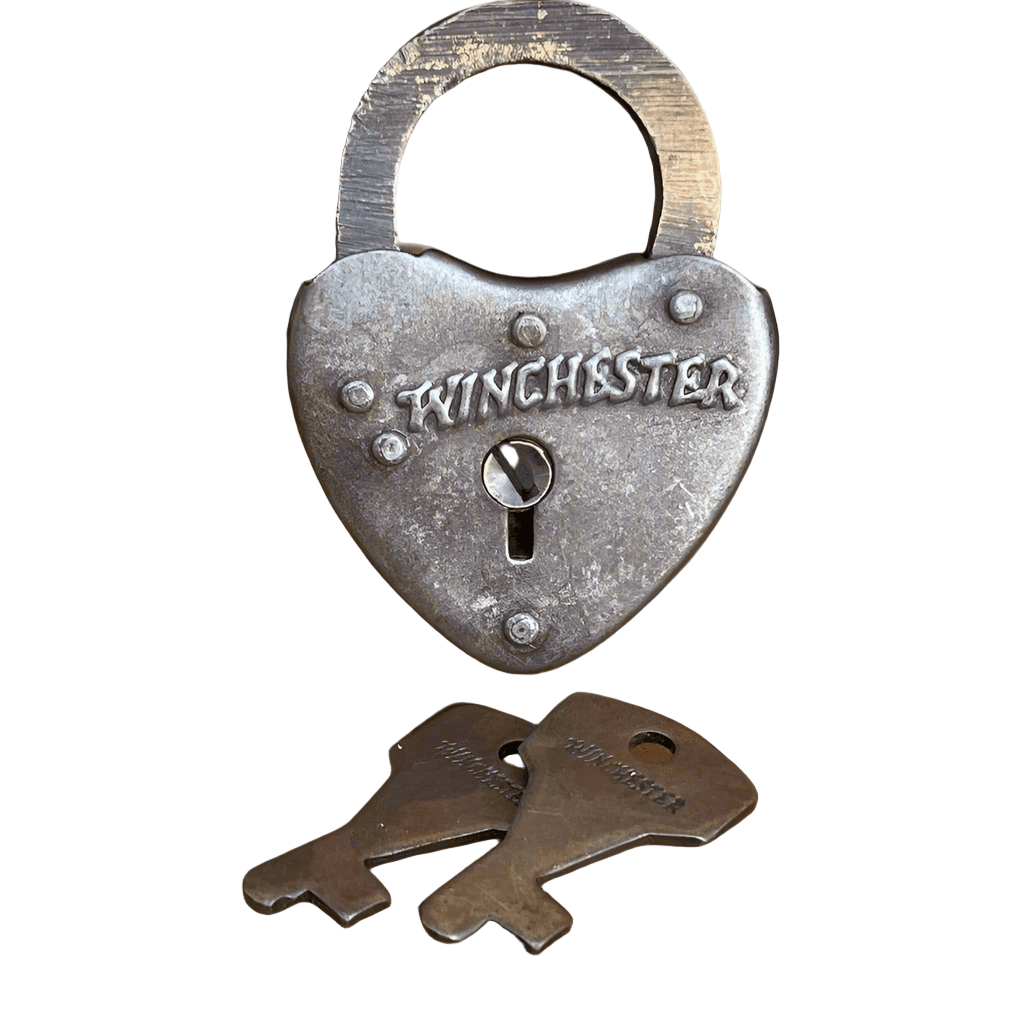 Winchester Heart Lock With Raised Lettering & Antique Finish (2.25" x 1.5") - Jones Peak