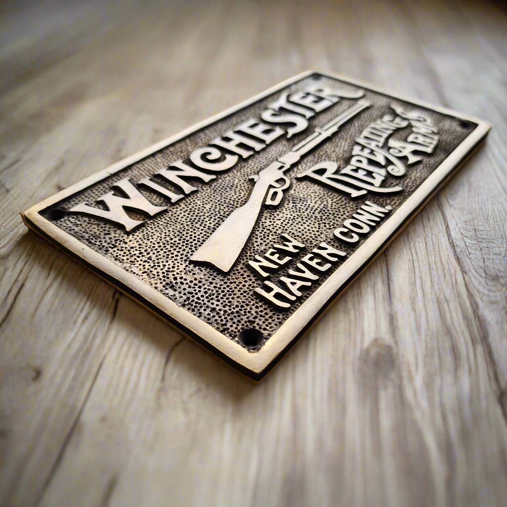 Winchester Repeating Arms Solid Brass Plaque With Raised Lettering (6.75" x 3.75") - Jones Peak