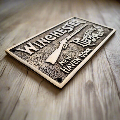 Winchester Repeating Arms Solid Brass Plaque With Raised Lettering (6.75" x 3.75") - Jones Peak