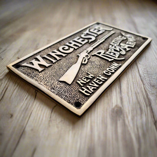 Winchester Repeating Arms Solid Brass Plaque With Raised Lettering (6.75" x 3.75") - Jones Peak