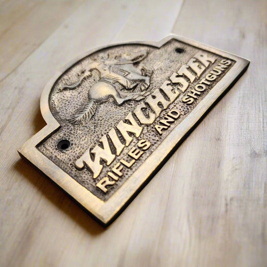 Winchester Rider Rifles & Shotguns Solid Brass Plaque With Antique Finish (5" x 3") - Jones Peak