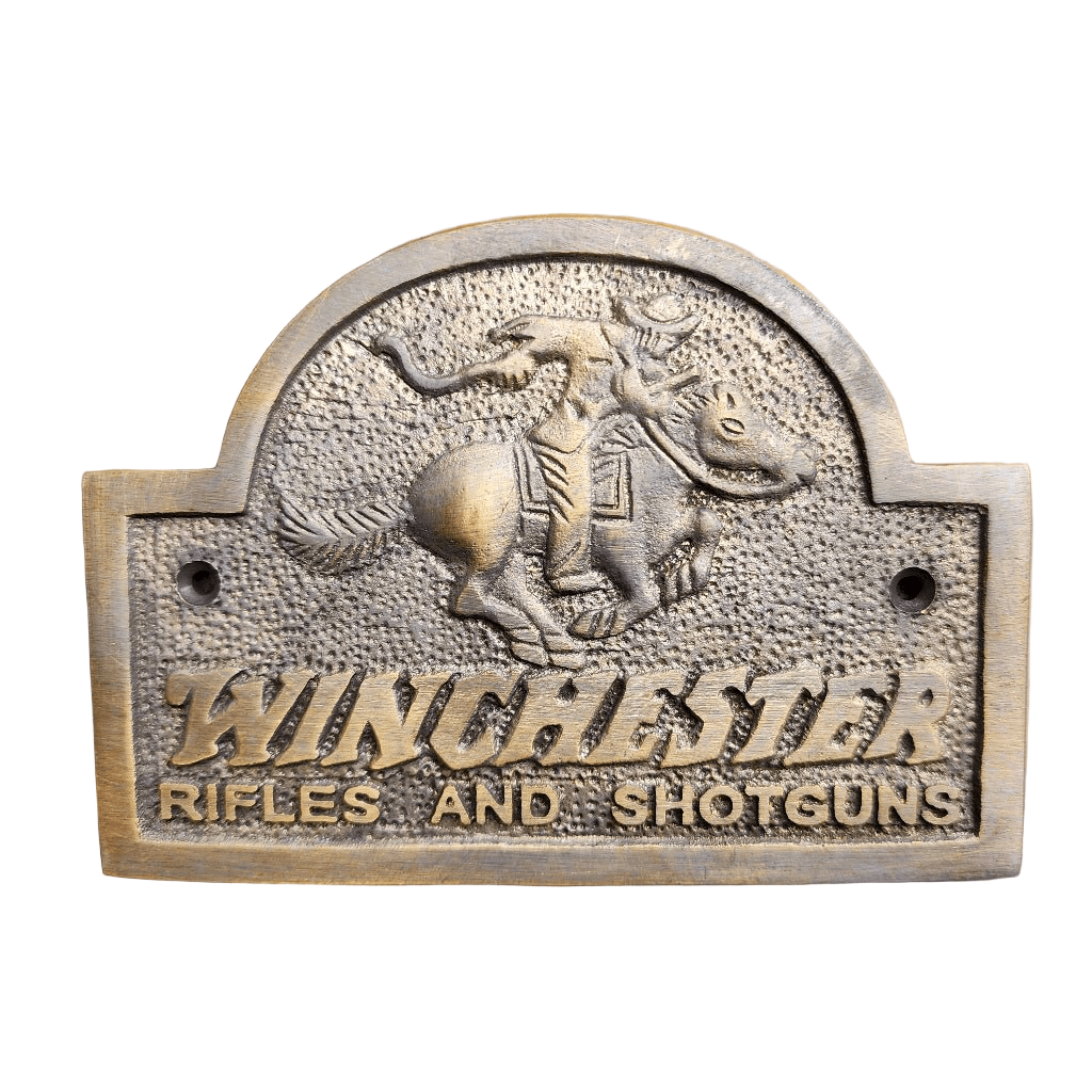 Winchester Rider Rifles & Shotguns Solid Brass Plaque With Antique Finish (5" x 3") - Jones Peak