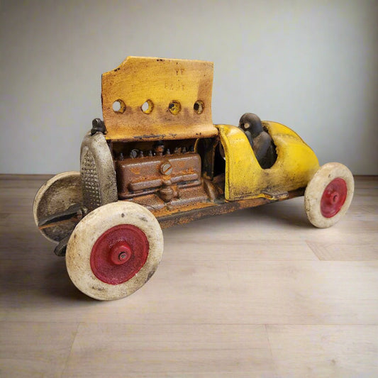Yellow Racer Cast Iron Car With Moving Hood and Wheels (8.5" x 3") - Jones Peak