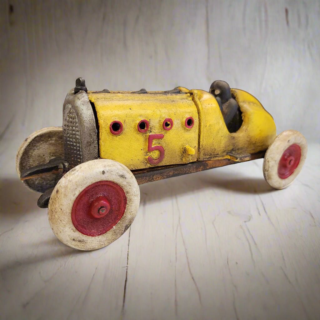Yellow Racer Cast Iron Car With Moving Hood and Wheels (8.5" x 3") - Jones Peak