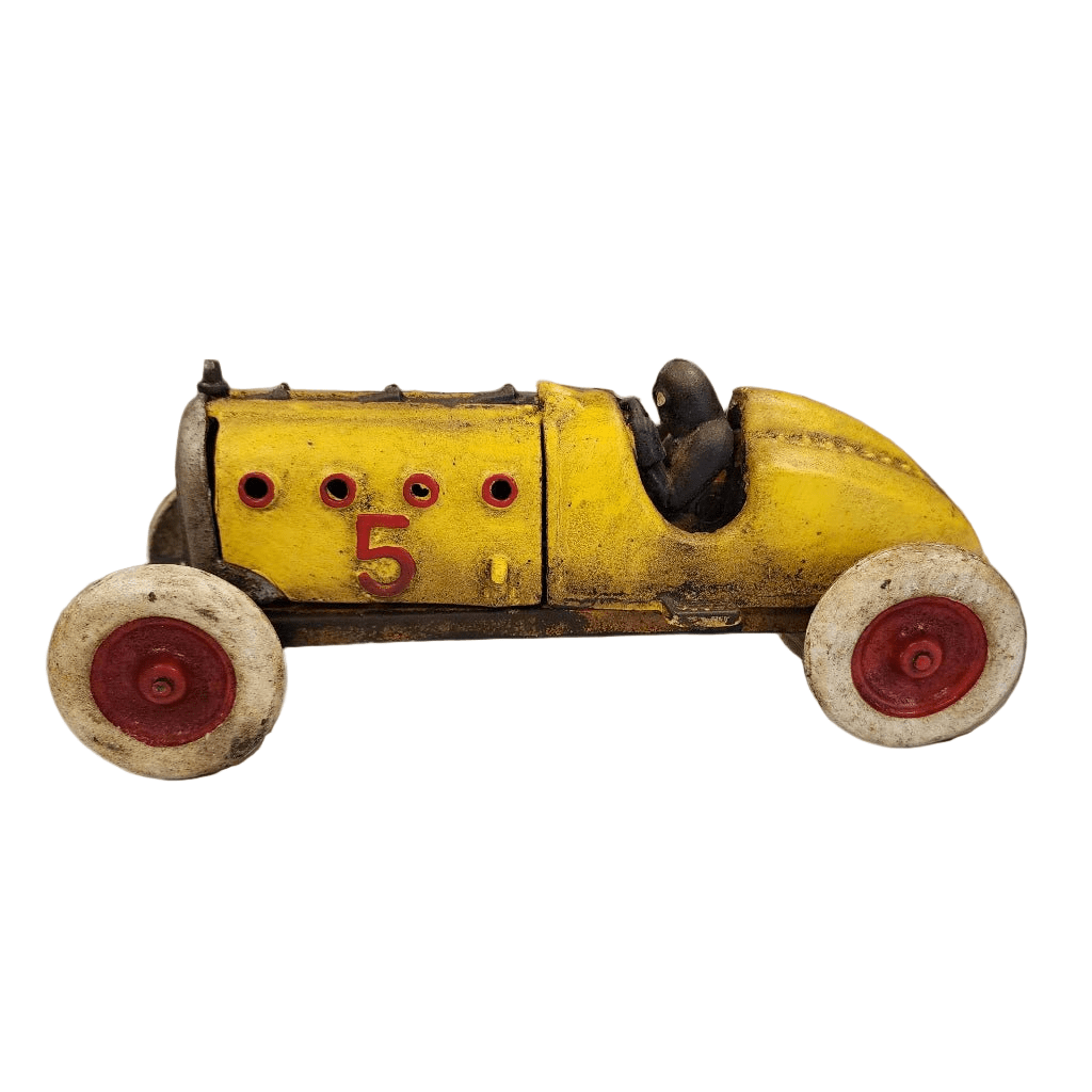 Yellow Racer Cast Iron Car With Moving Hood and Wheels (8.5" x 3") - Jones Peak